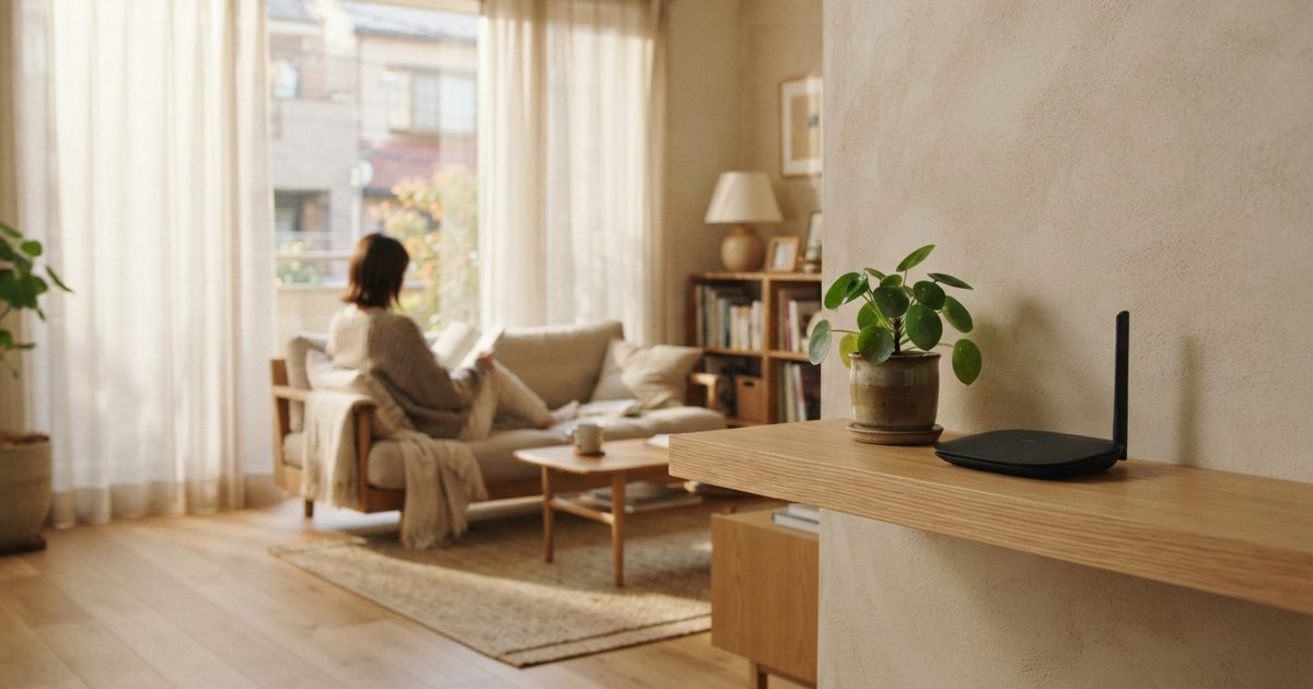 アパートの部屋に置かれたルーターと観葉植物