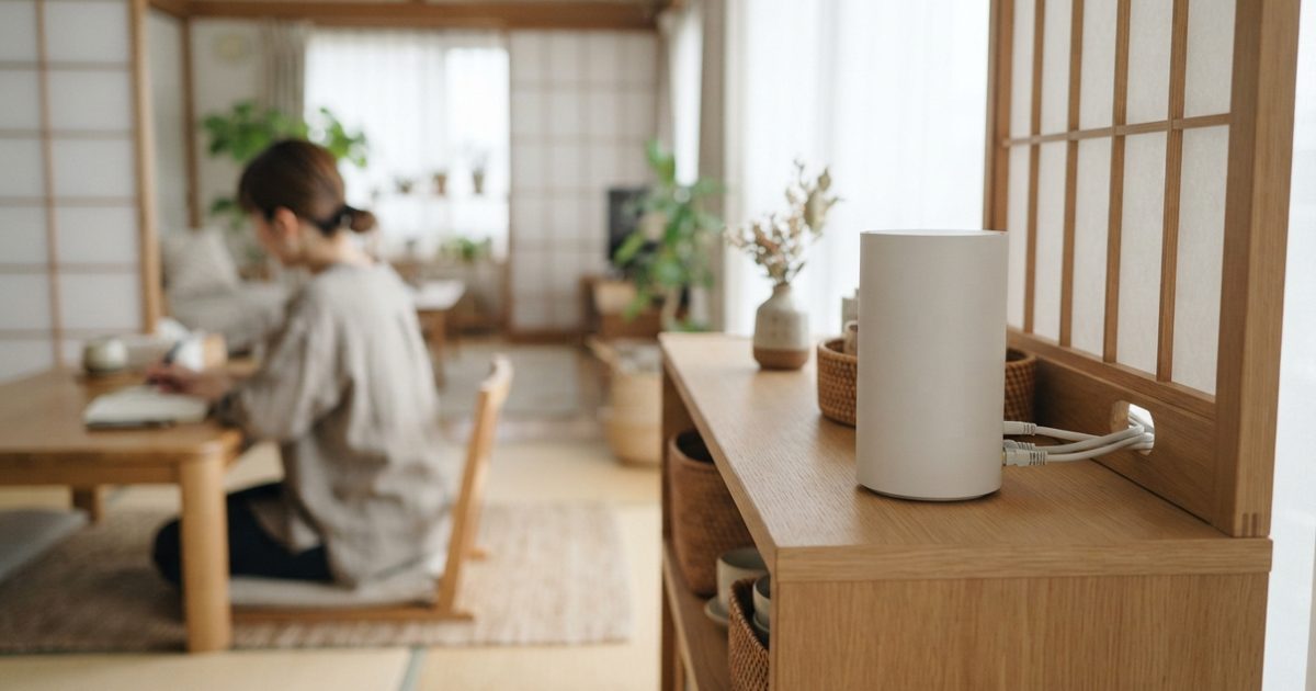 戸建てのリビングに置かれたWi-Fiルーター