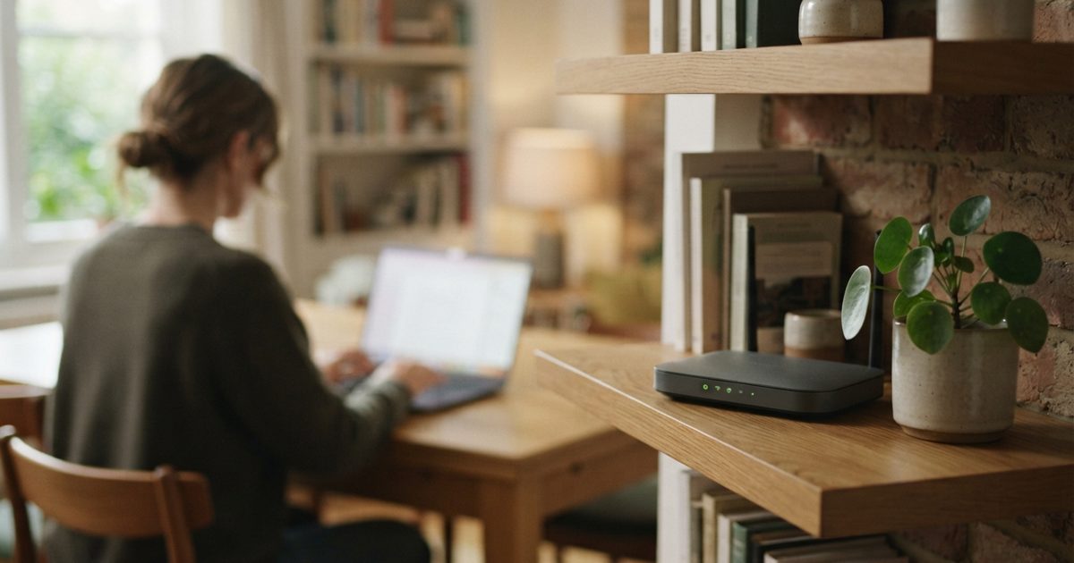 自宅の棚に置かれたルーターと作業風景