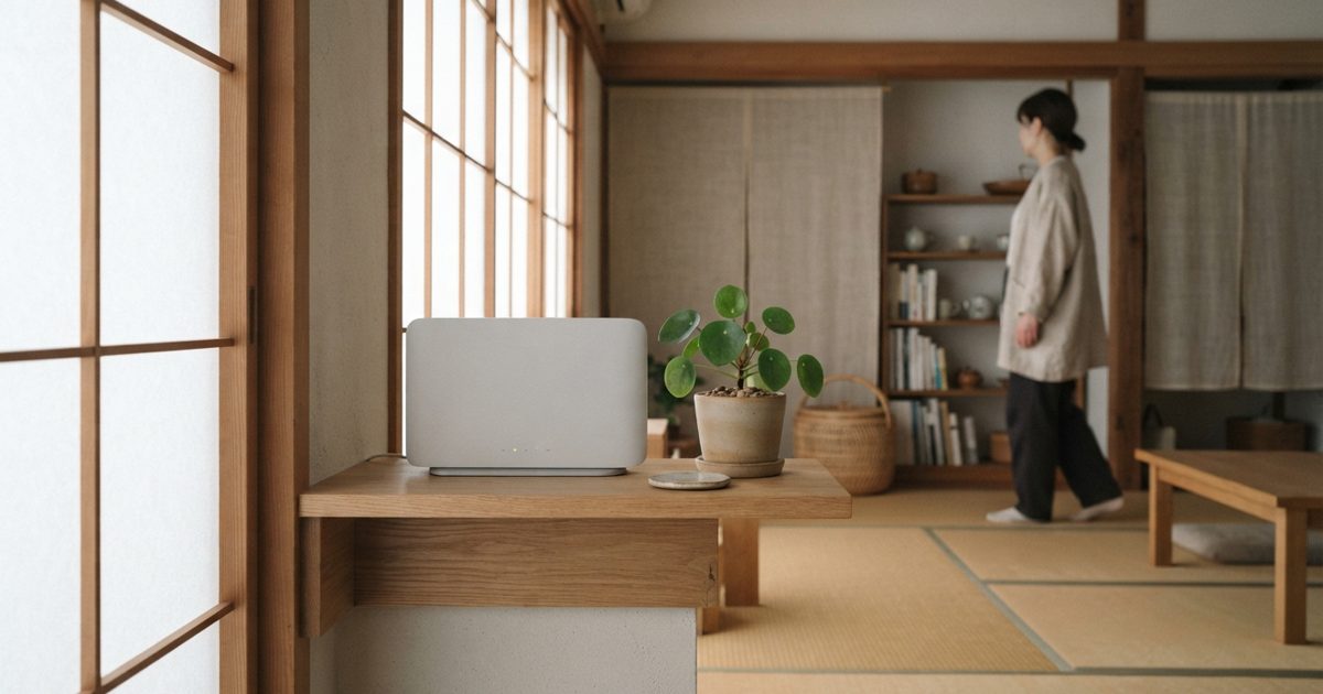 リビングの棚に置かれたホームWi-Fi機器