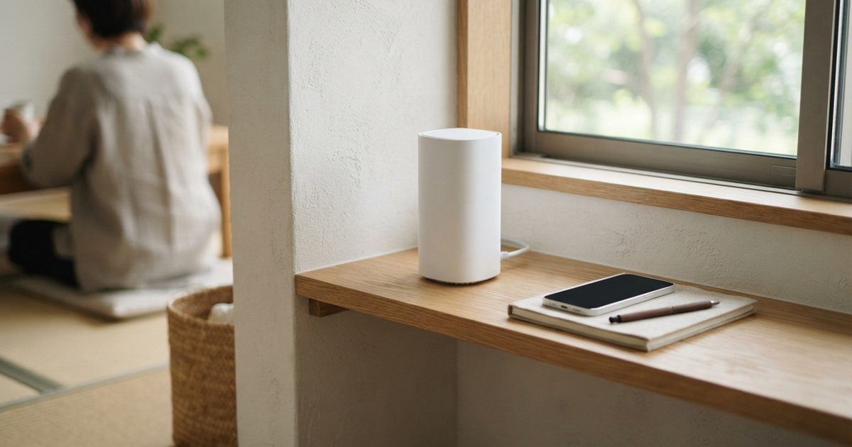 自宅の棚に置かれたホームルーターと手帳
