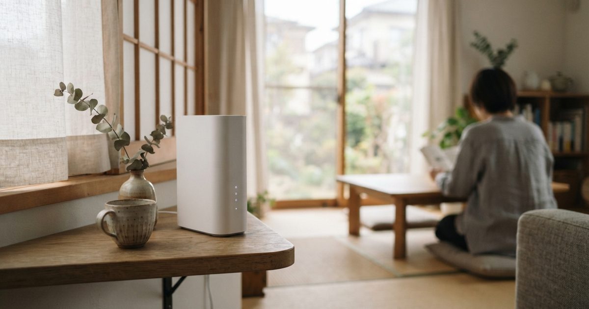 棚の上に置かれたWi-Fiルーターと部屋の様子