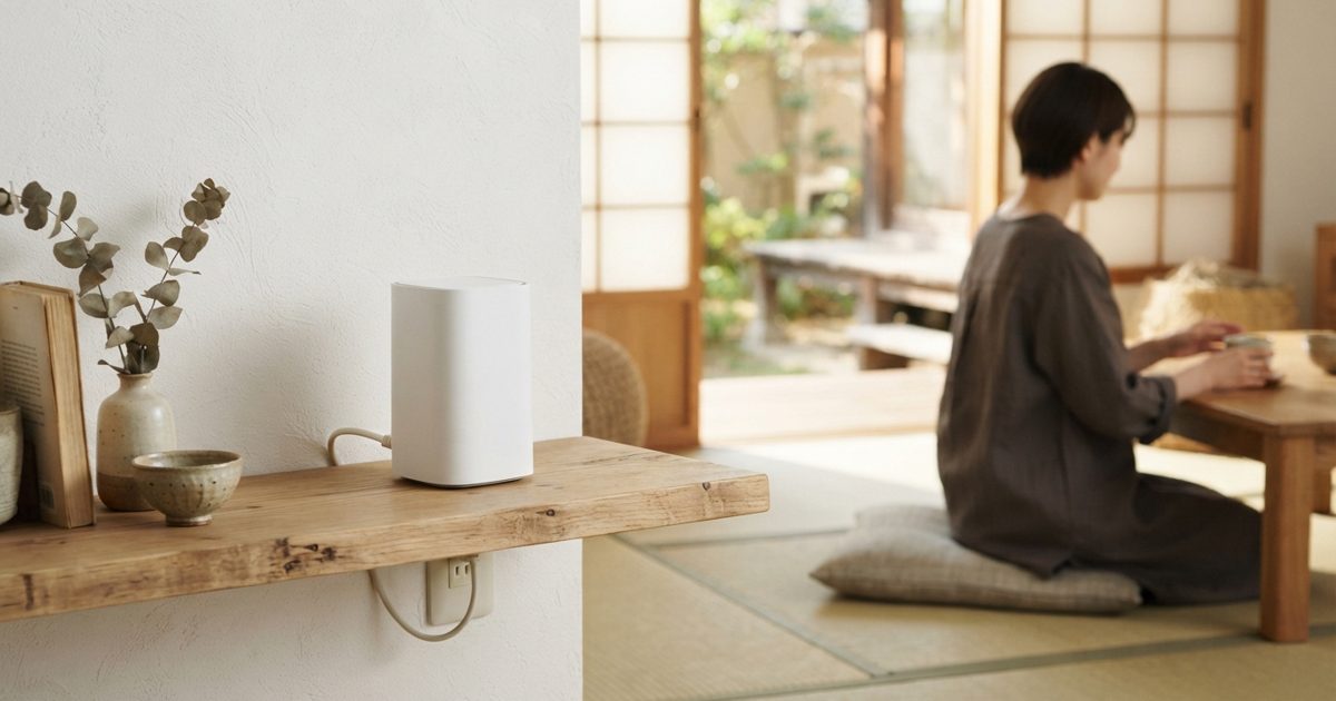 リビングの棚に置かれたルーターと光回線